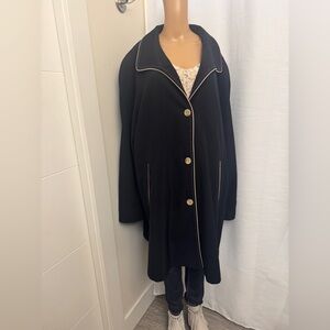 30” ptp Black Coat with tan colored piping, trim, and stitching